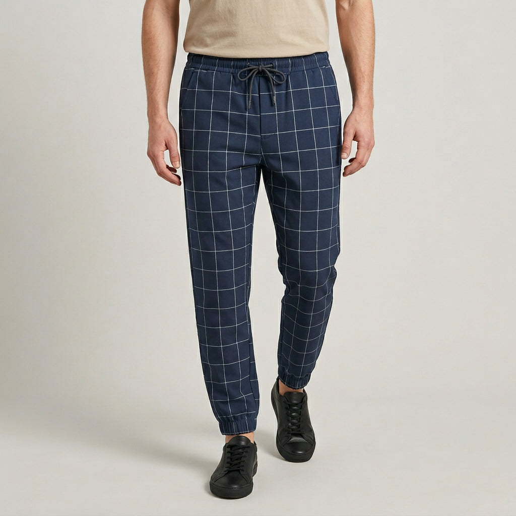 Windowpane Check Jogger Pants Elasticated Waist for Men