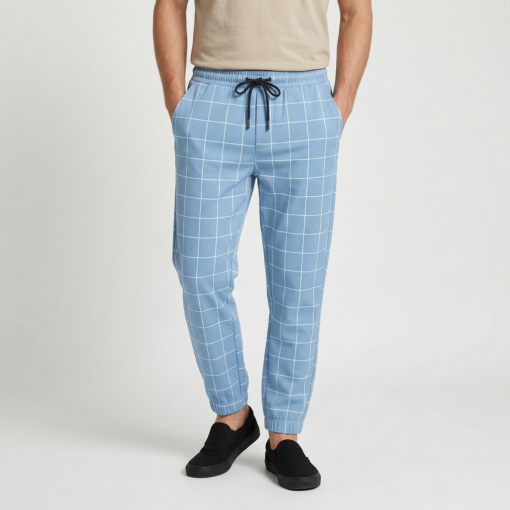 Windowpane Check Jogger Pants Elasticated Waist for Men