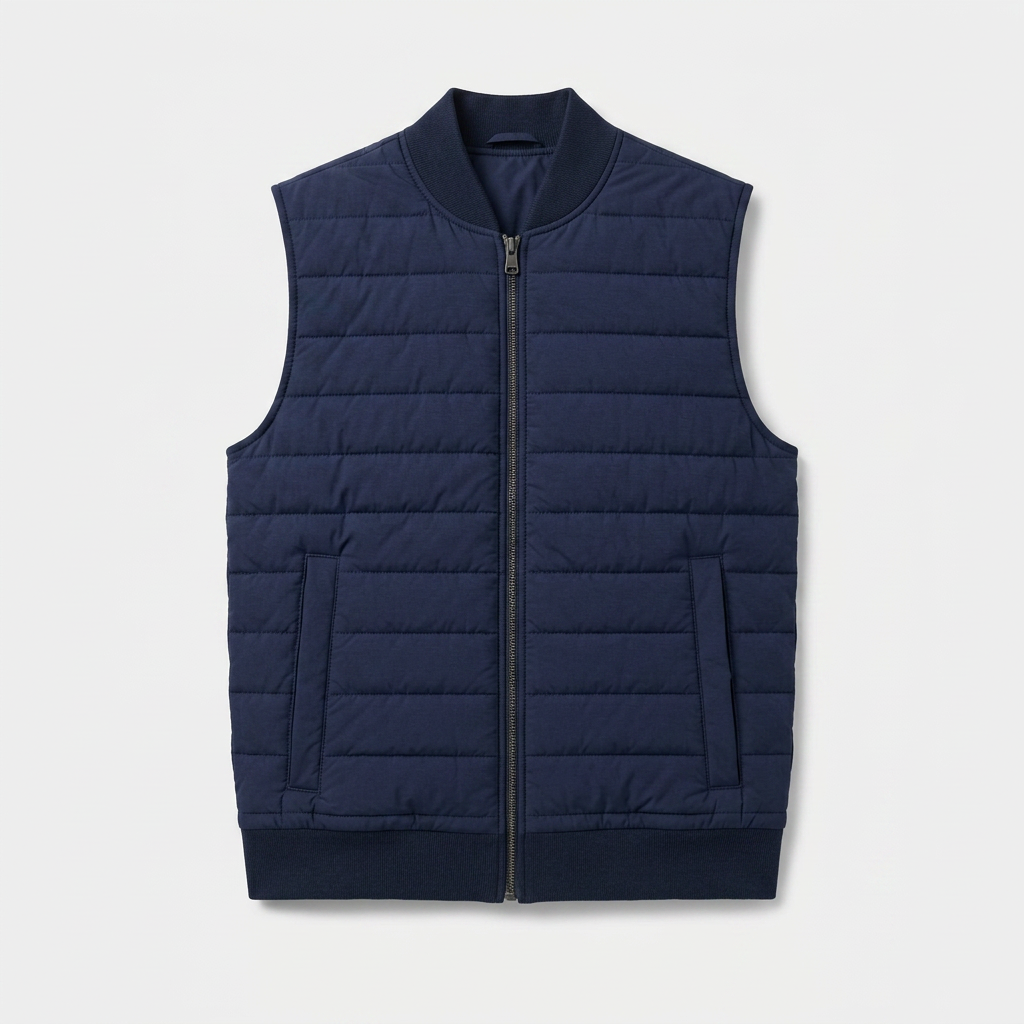 Quilted Bomber Vest Full Zip Ribbed Collar for Men