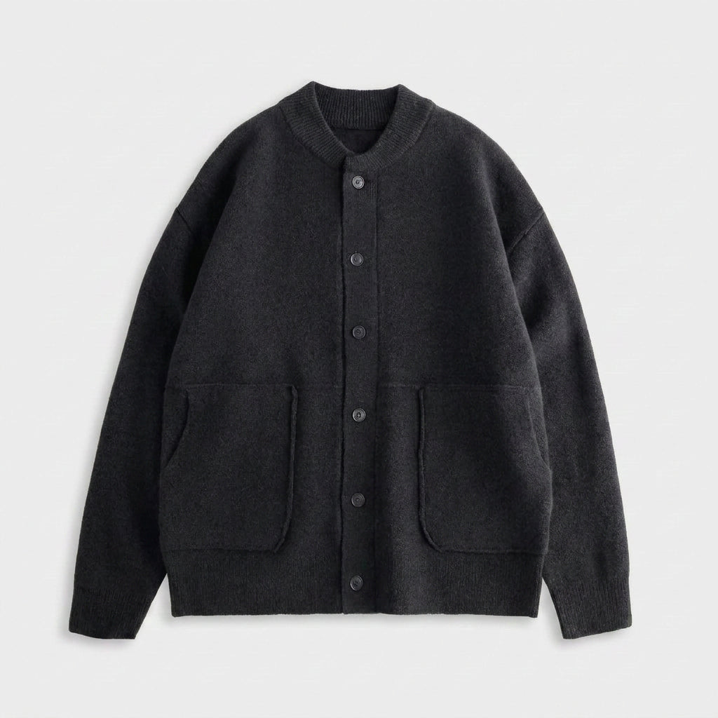 Wool Blend Bomber Cardigan Patch Pockets Button Front for Men