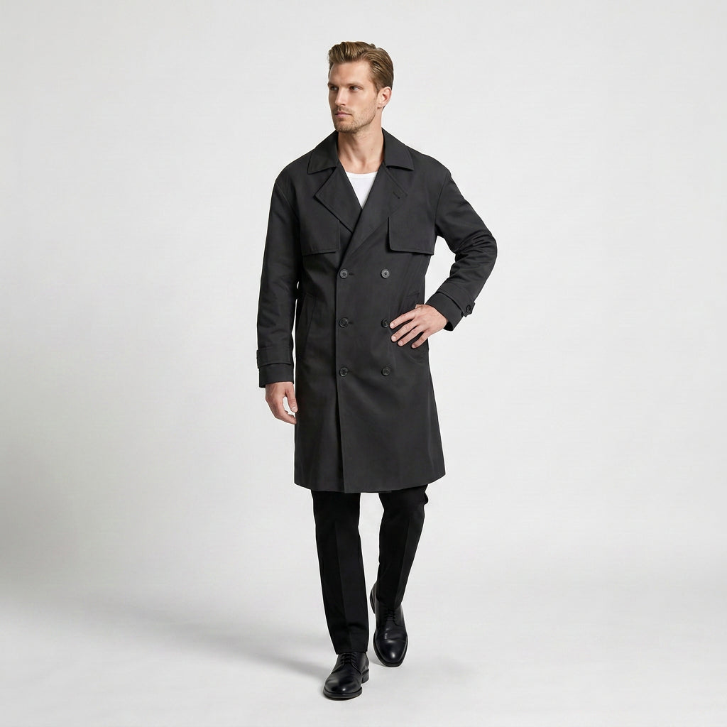 Long Waterproof Double-Breasted Trench Coat for Men