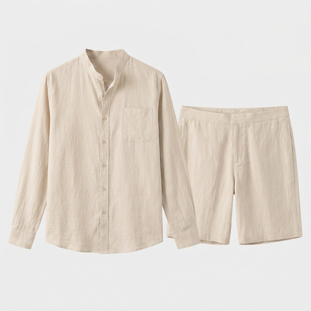 Men's Linen Mandarin Collar Shirt And Shorts Set