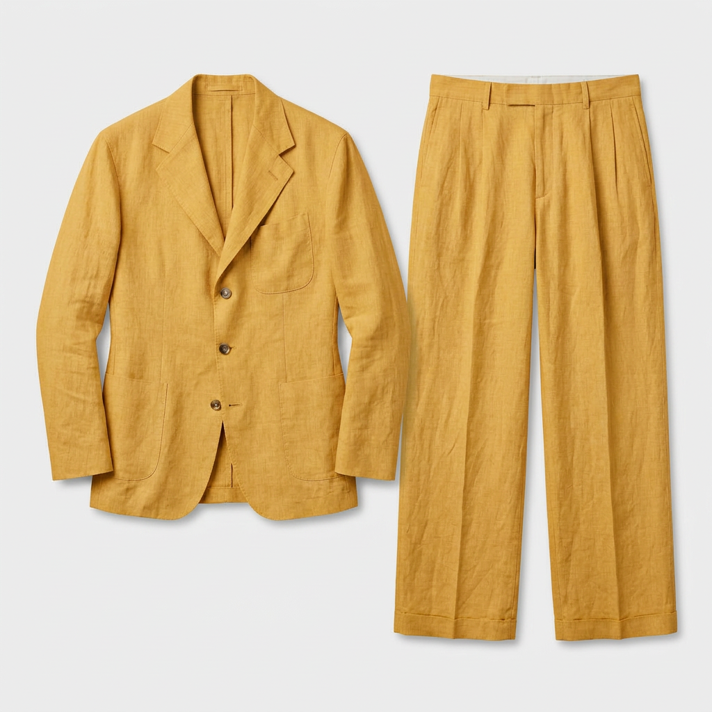 Linen Two-Piece Suit Relaxed Fit Gold Buttons for Men