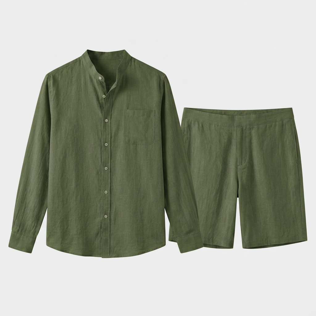 Men's Linen Mandarin Collar Shirt And Shorts Set