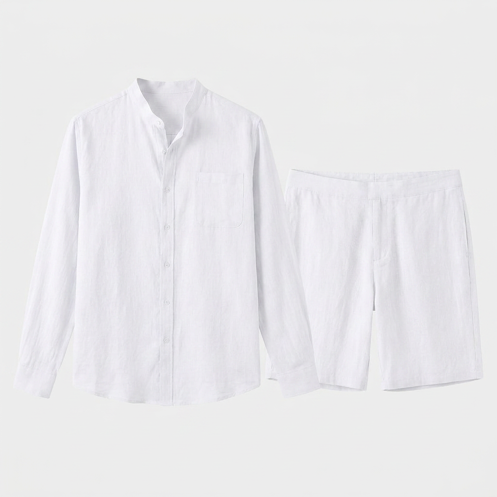 Men's Linen Mandarin Collar Shirt And Shorts Set