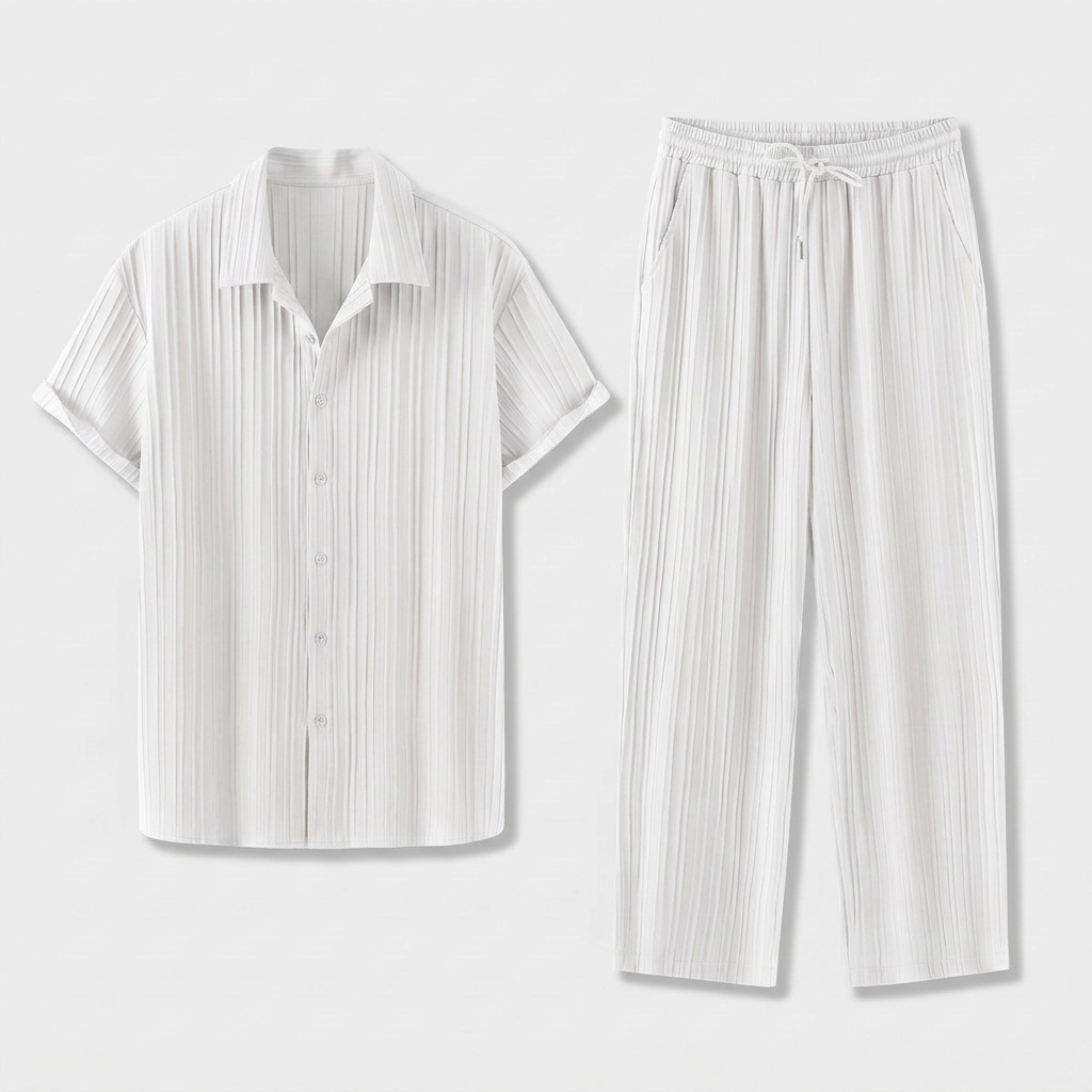 Pleated Matching Set Camp Collar Shirt Trousers for Men