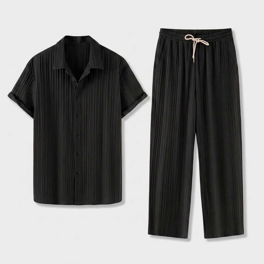 Pleated Matching Set Camp Collar Shirt Trousers for Men