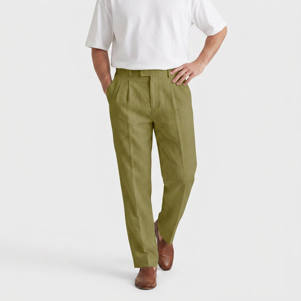 Tapered Leg Pleated Linen Trousers for Men