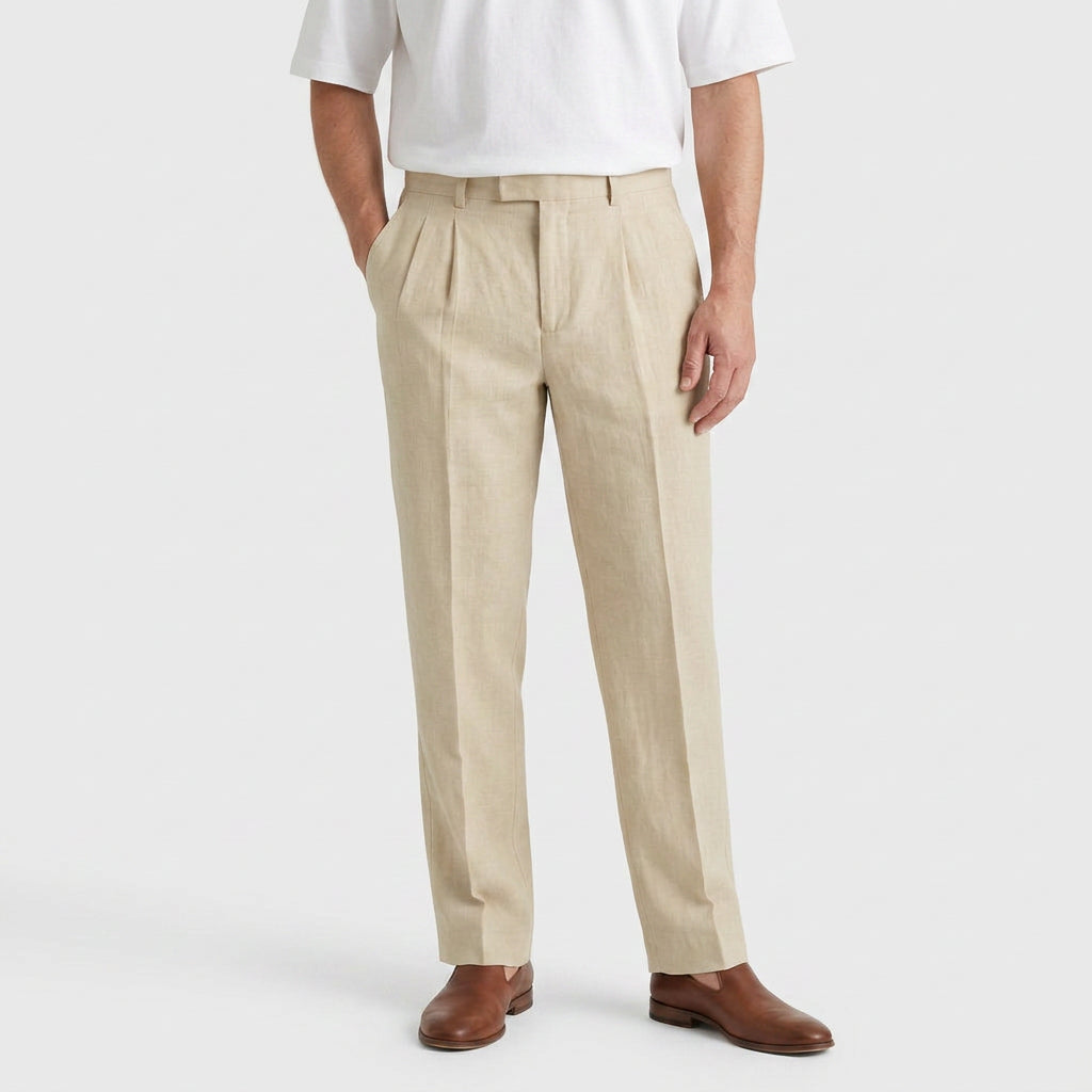 Tapered Leg Pleated Linen Trousers for Men