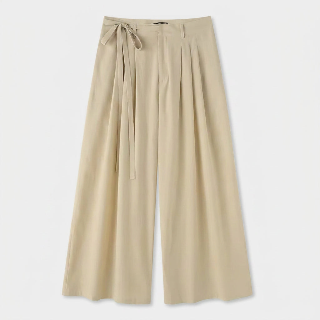 Wide Leg Pleated Trousers with Tie Waist for Men
