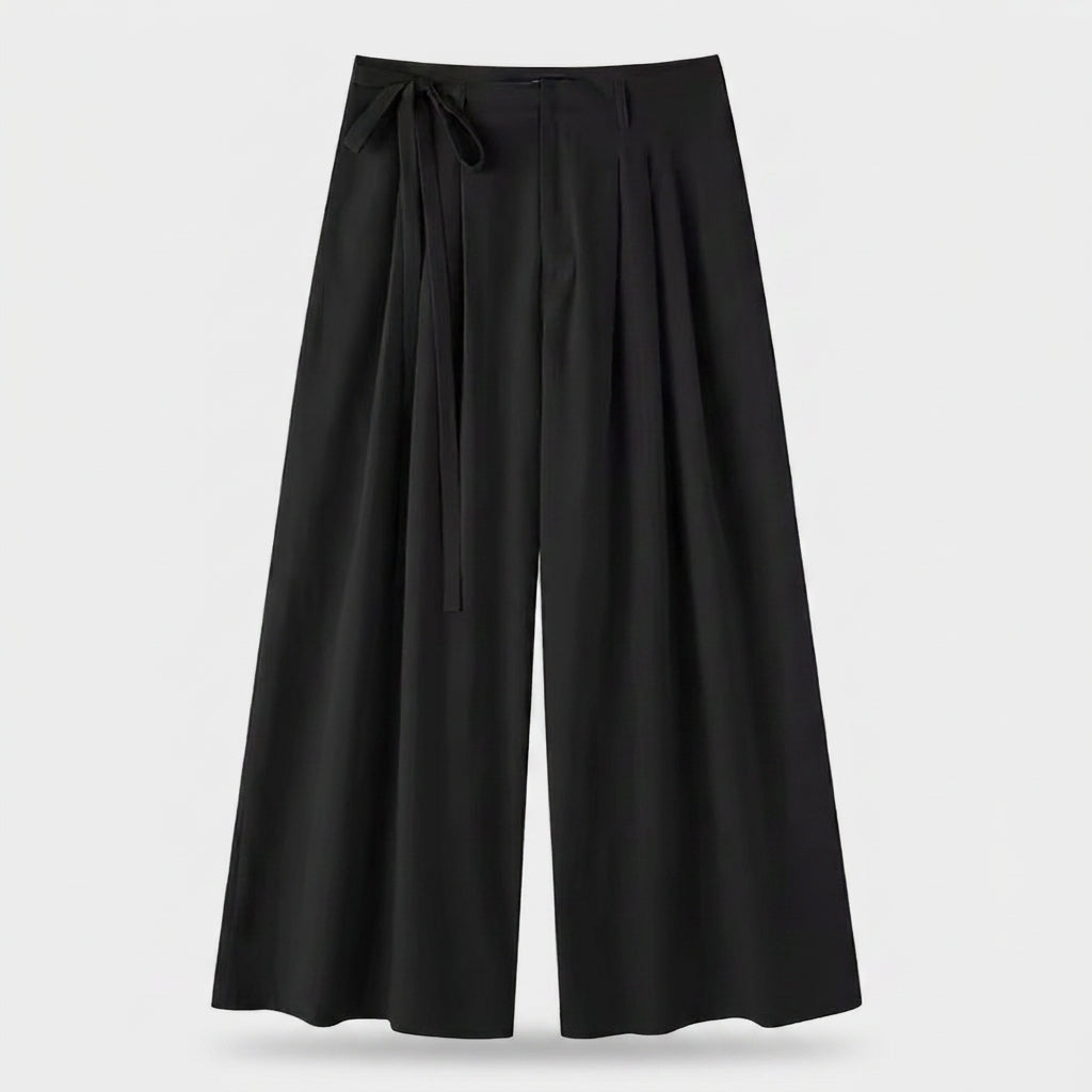 Wide Leg Pleated Trousers with Tie Waist for Men