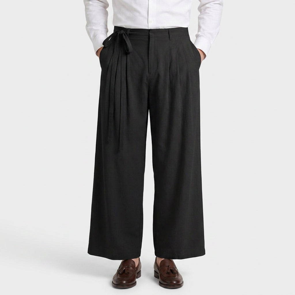 Wide Leg Pleated Trousers with Tie Waist for Men