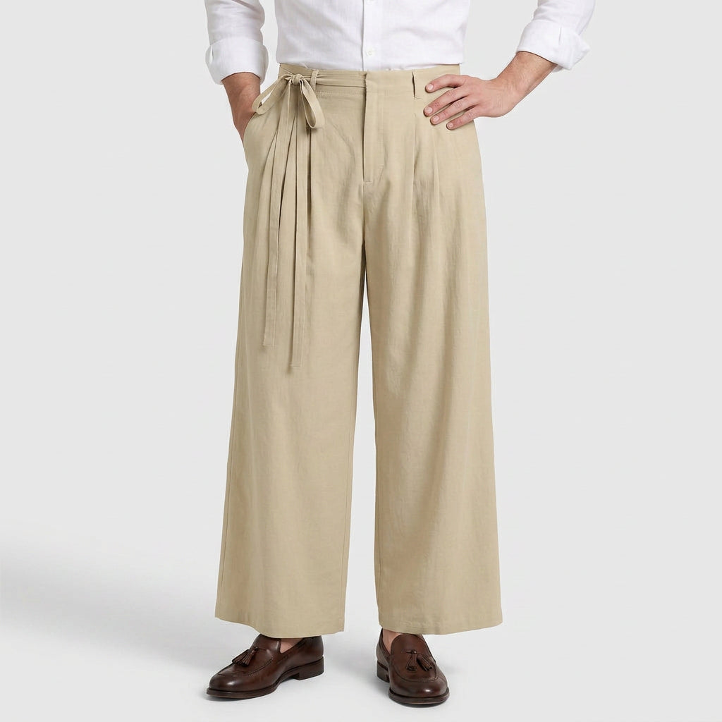 Wide Leg Pleated Trousers with Tie Waist for Men