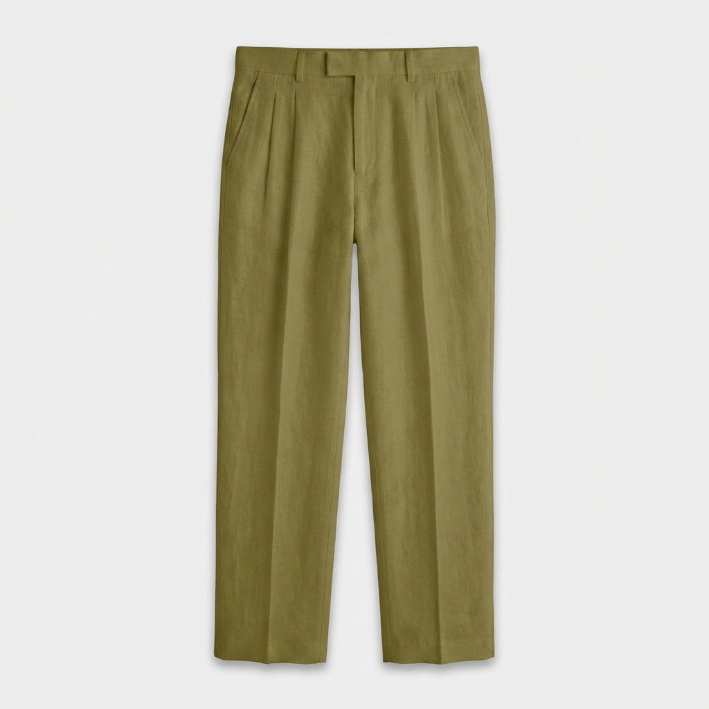 Tapered Leg Pleated Linen Trousers for Men