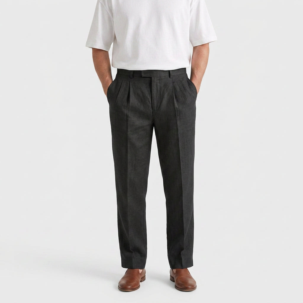 Tapered Leg Pleated Linen Trousers for Men