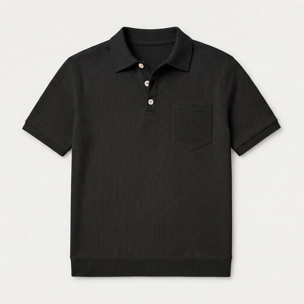 Ribbed Knit Polo Chest Pocket Three Button for Men