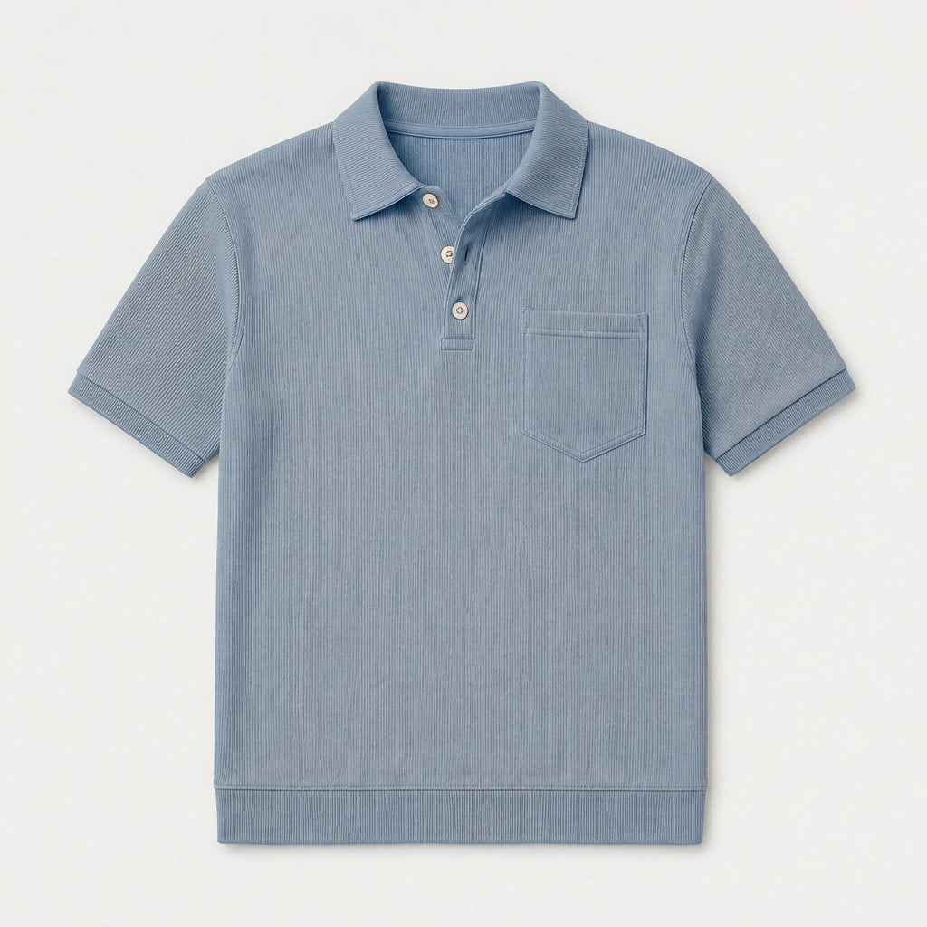 Ribbed Knit Polo Chest Pocket Three Button for Men