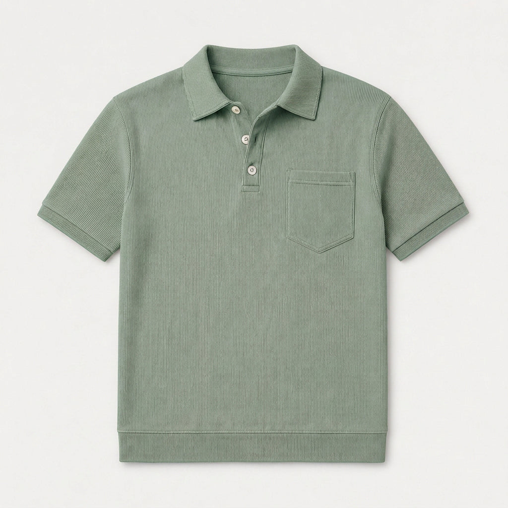 Ribbed Knit Polo Chest Pocket Three Button for Men