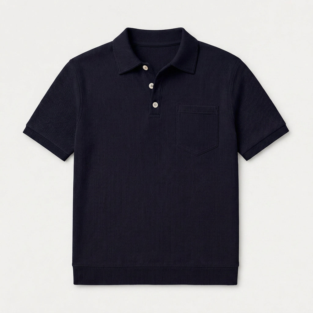 Ribbed Knit Polo Chest Pocket Three Button for Men