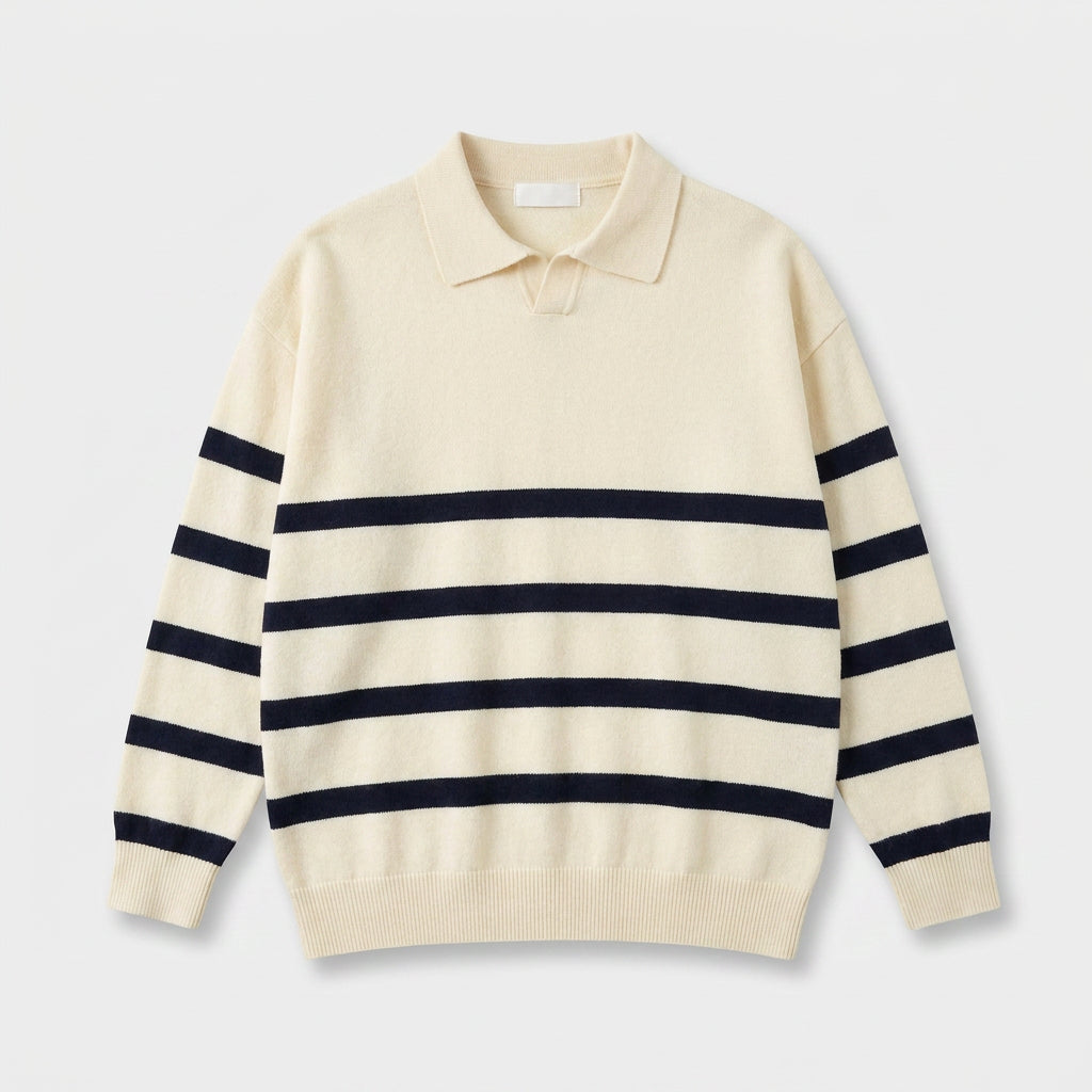 Striped Knit Polo Shirt Slim Fit Ribbed for Men
