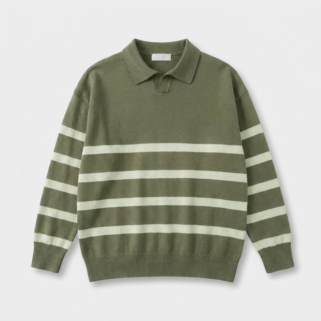 Striped Knit Polo Shirt Slim Fit Ribbed for Men