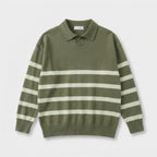 Striped Knit Polo Shirt Slim Fit Ribbed for Men