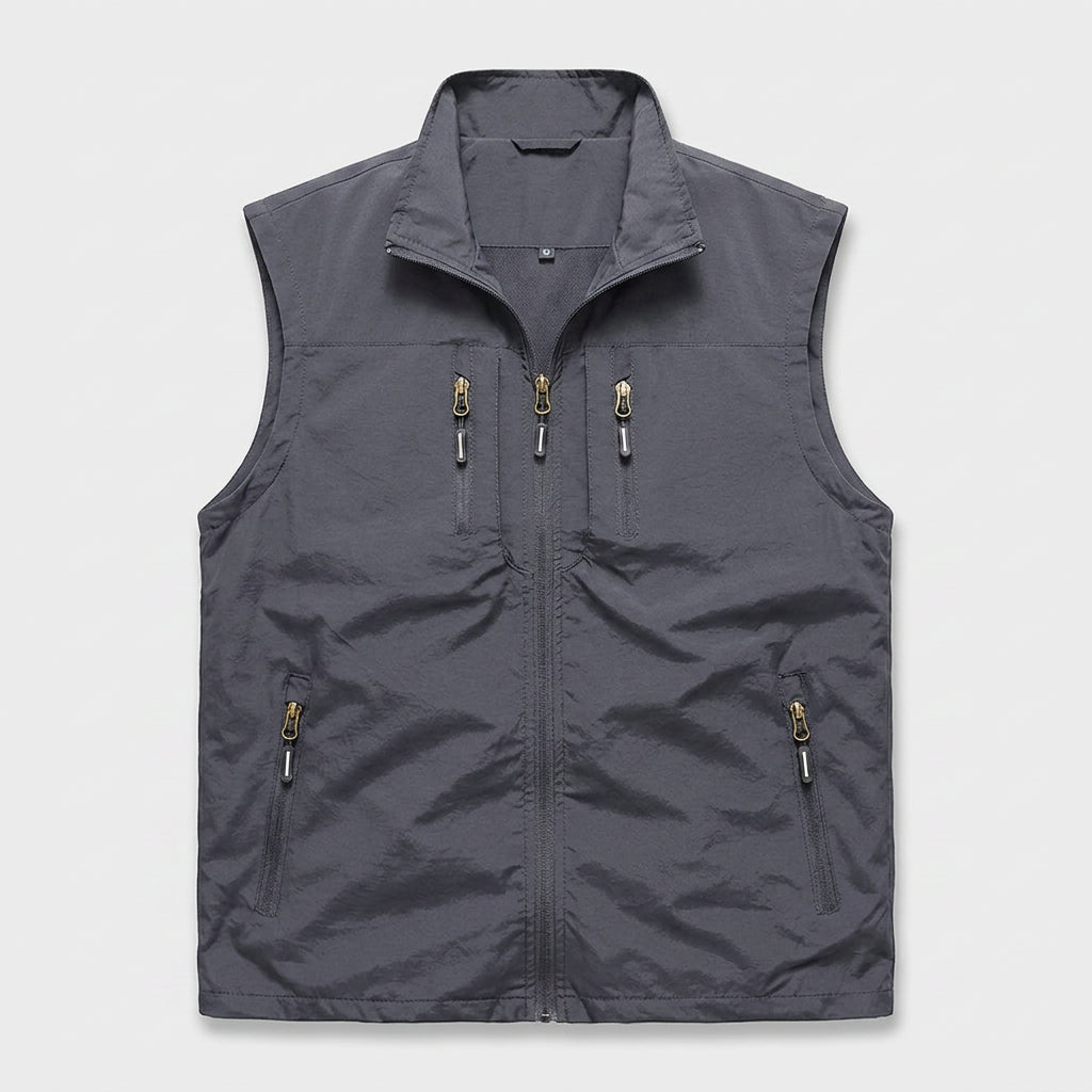Zip Vest Stand Collar Gold Hardware Pockets for Men