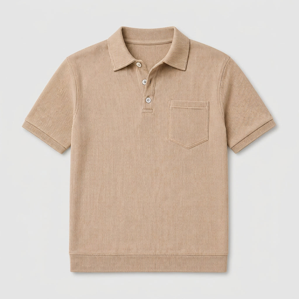 Ribbed Knit Polo Chest Pocket Three Button for Men