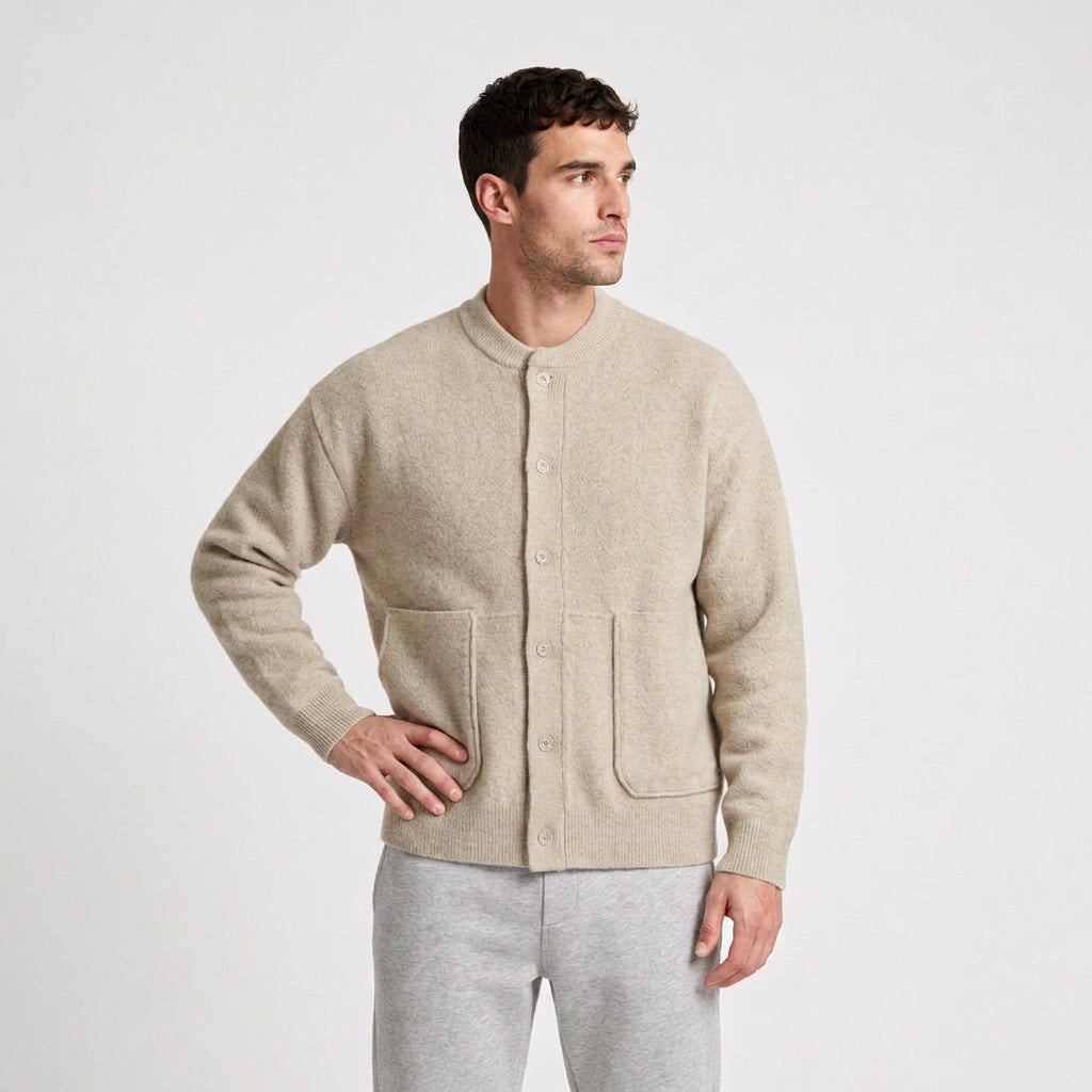Wool Blend Bomber Cardigan Patch Pockets Button Front for Men