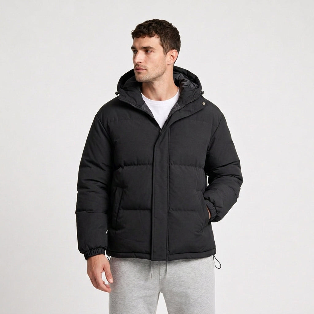 Hooded Puffer Jacket Zip-Up Snap Closure for Men