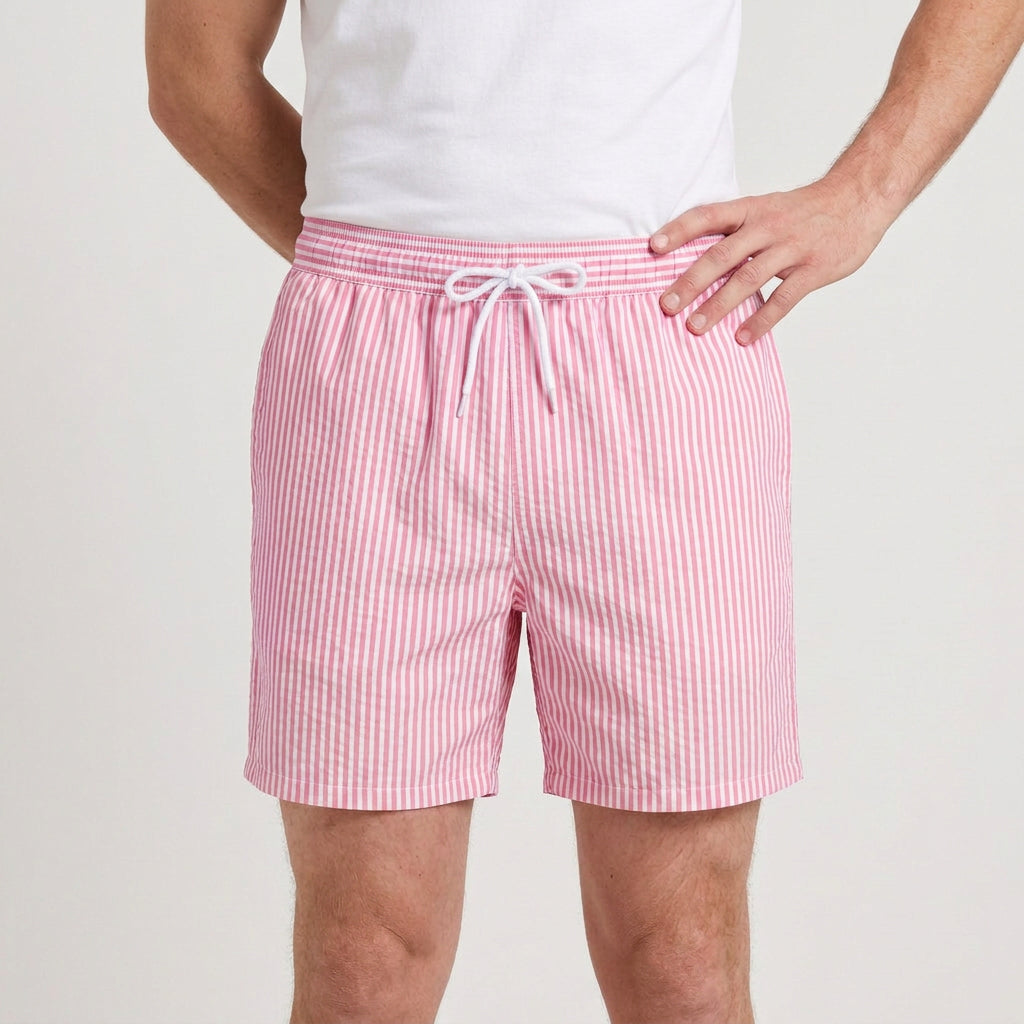 Striped Swim Shorts Elastic Waist Drawcord for Men
