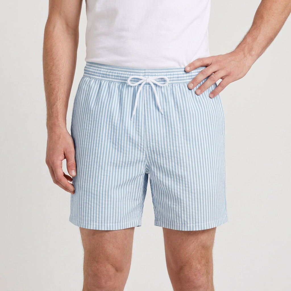 Striped Swim Shorts Elastic Waist Drawcord for Men