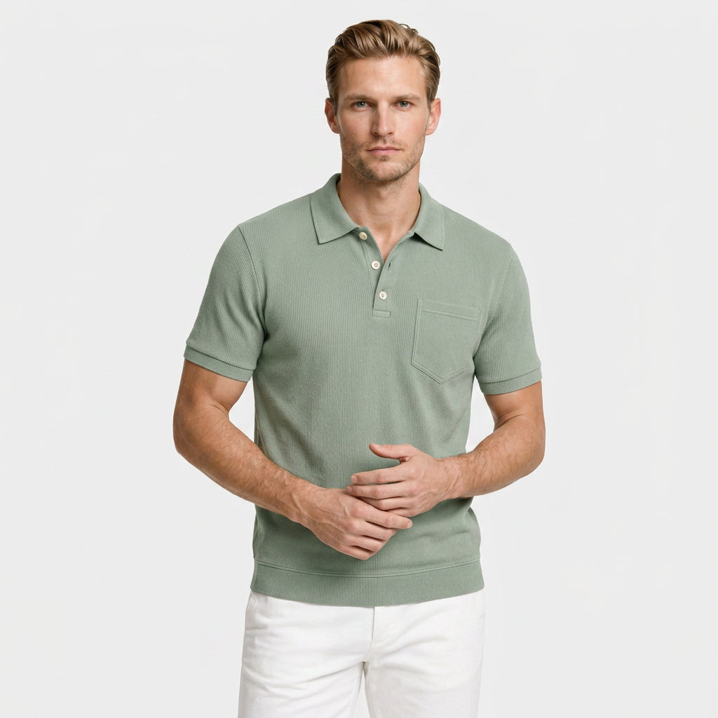 Ribbed Knit Polo Chest Pocket Three Button for Men