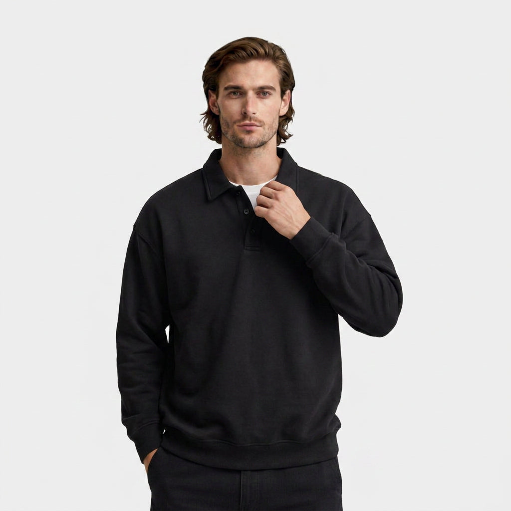 Long Sleeve Polo Pullover Ribbed Cuffs Relaxed Fit for Men