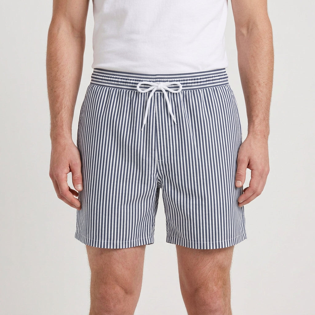 Striped Swim Shorts Elastic Waist Drawcord for Men