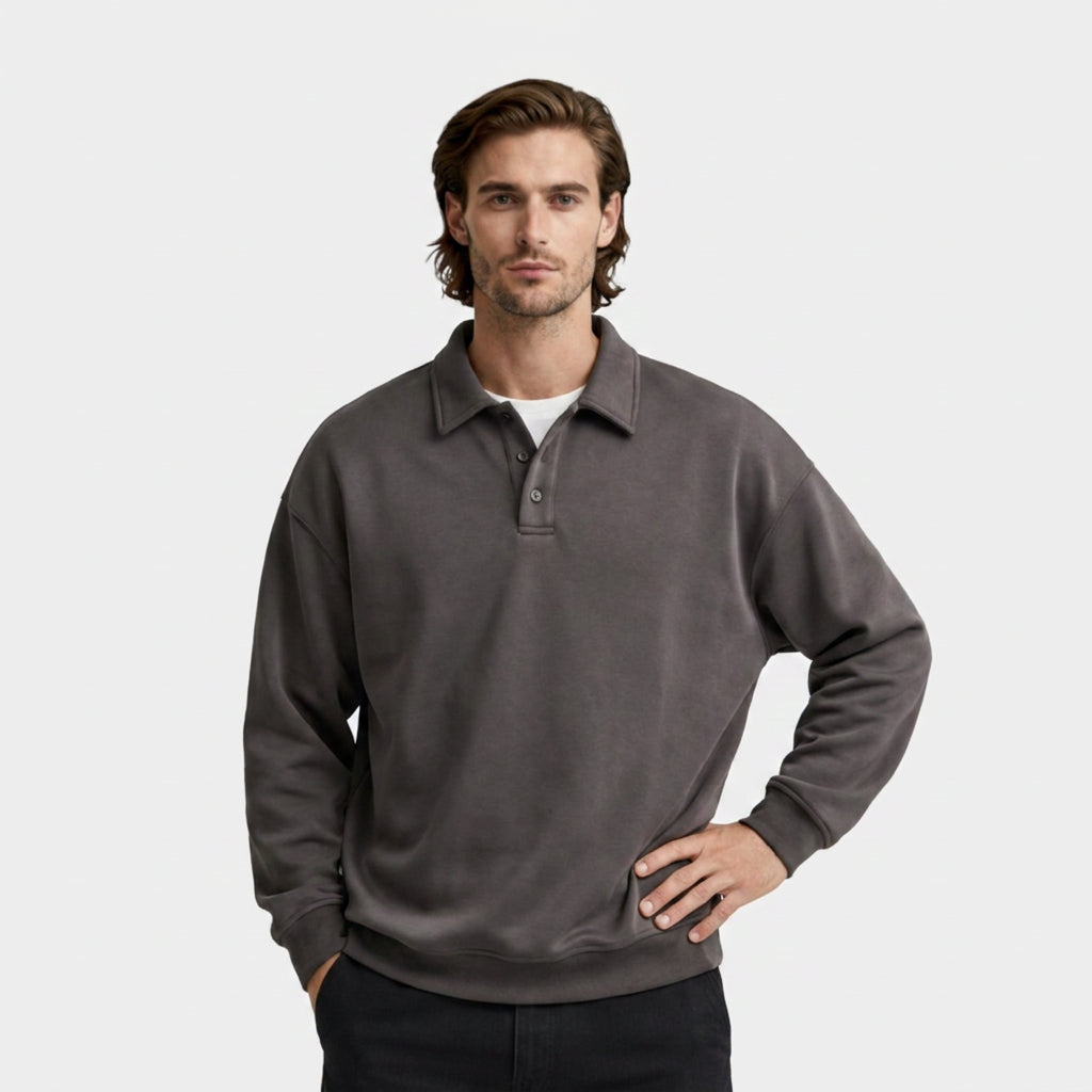 Long Sleeve Polo Pullover Ribbed Cuffs Relaxed Fit for Men