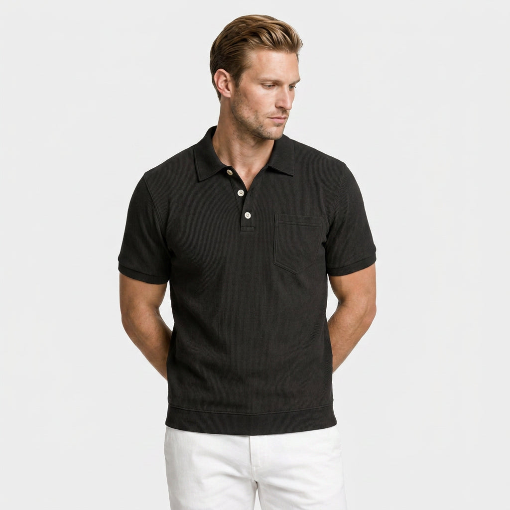 Ribbed Knit Polo Chest Pocket Three Button for Men