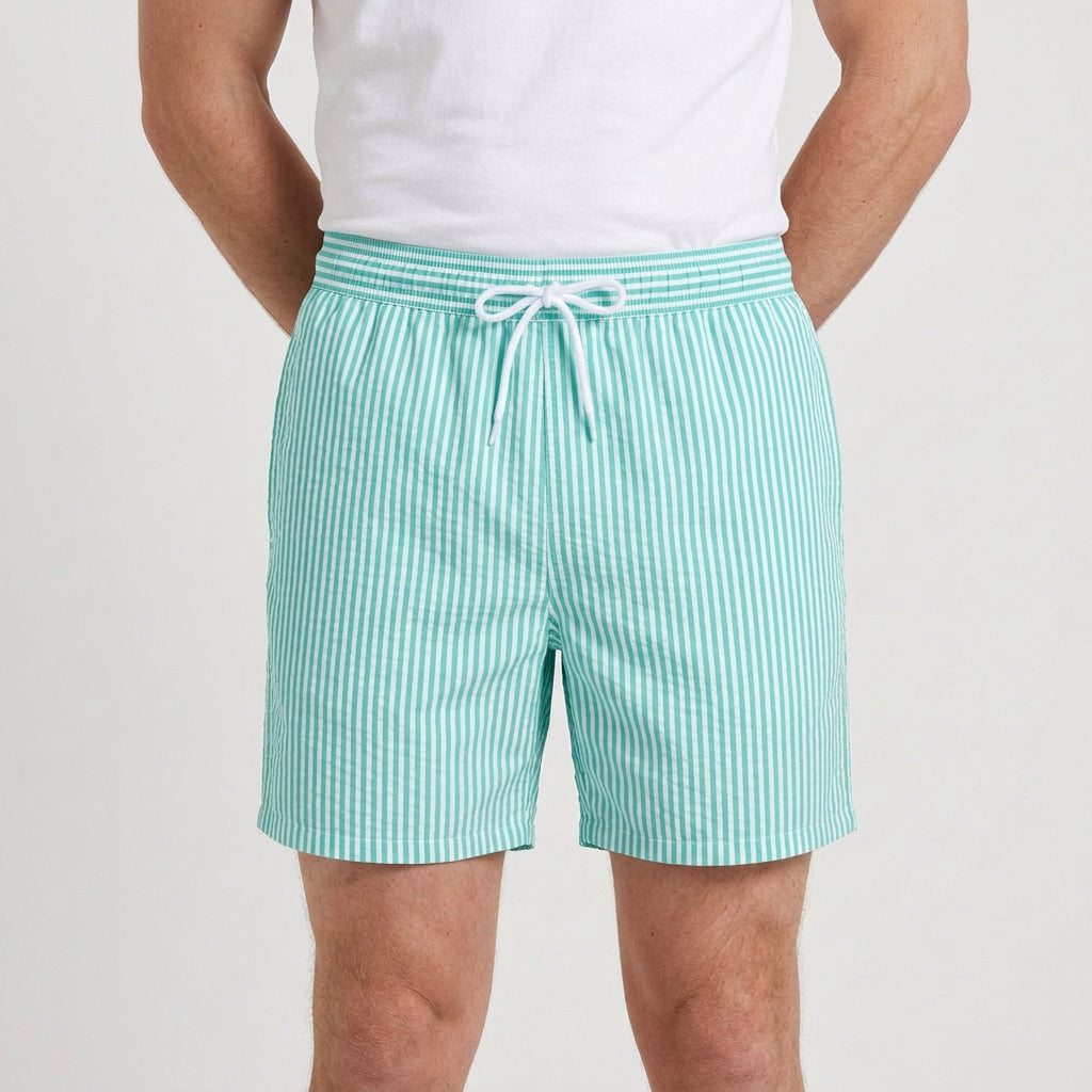 Striped Swim Shorts Elastic Waist Drawcord for Men