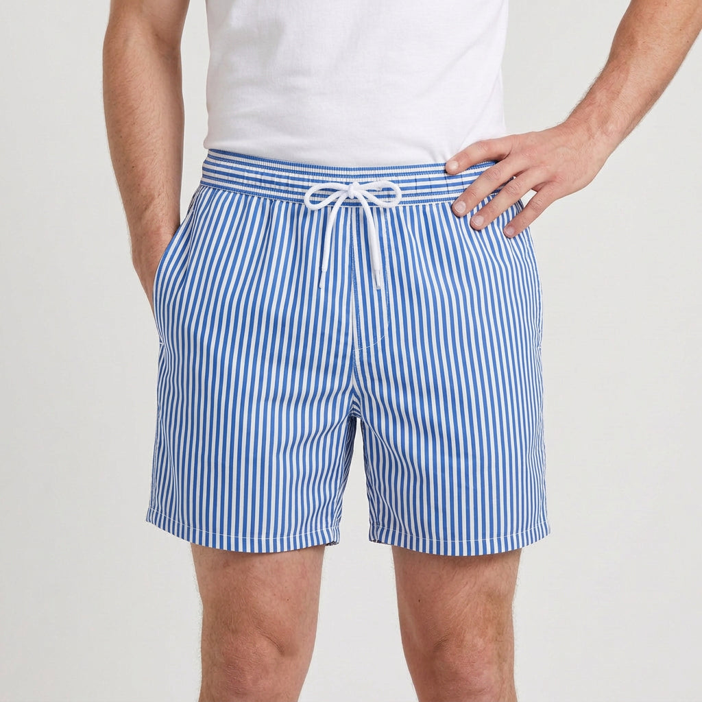 Striped Swim Shorts Elastic Waist Drawcord for Men