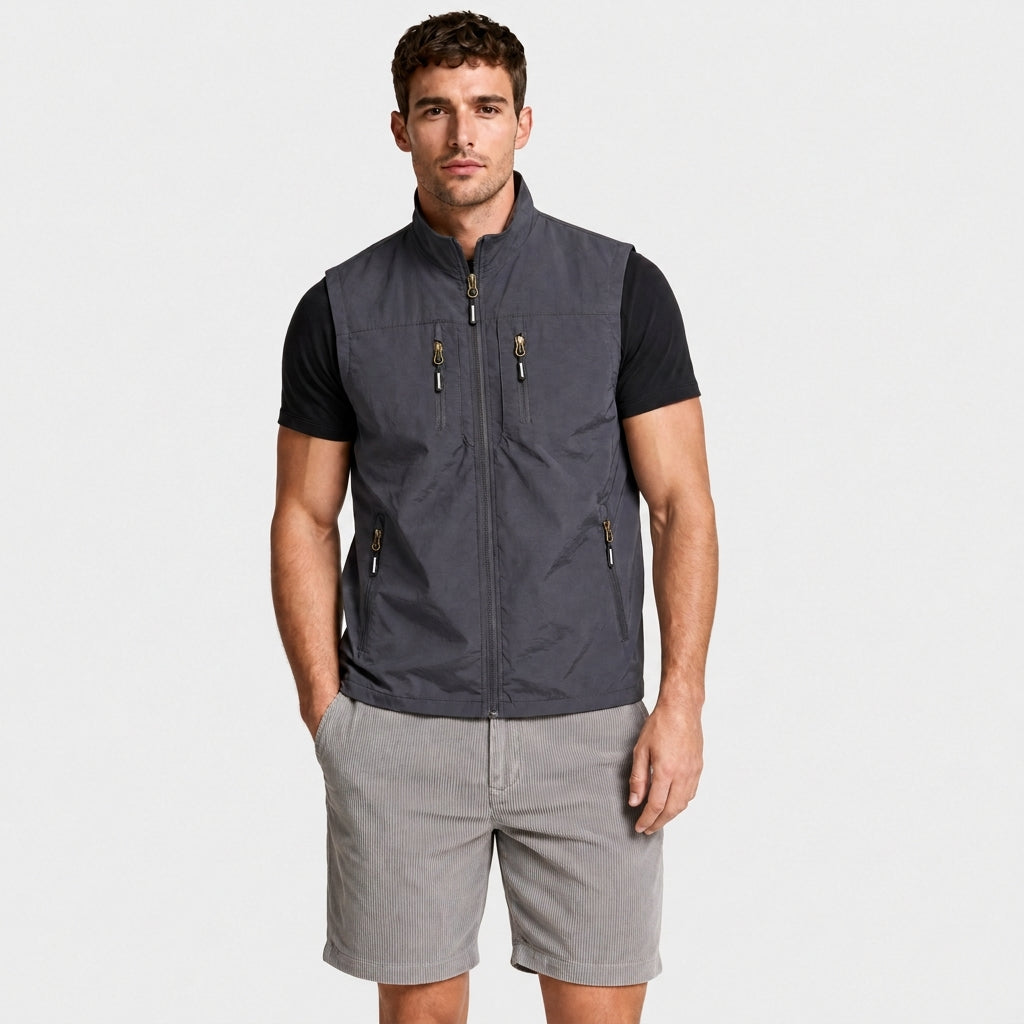 Zip Vest Stand Collar Gold Hardware Pockets for Men