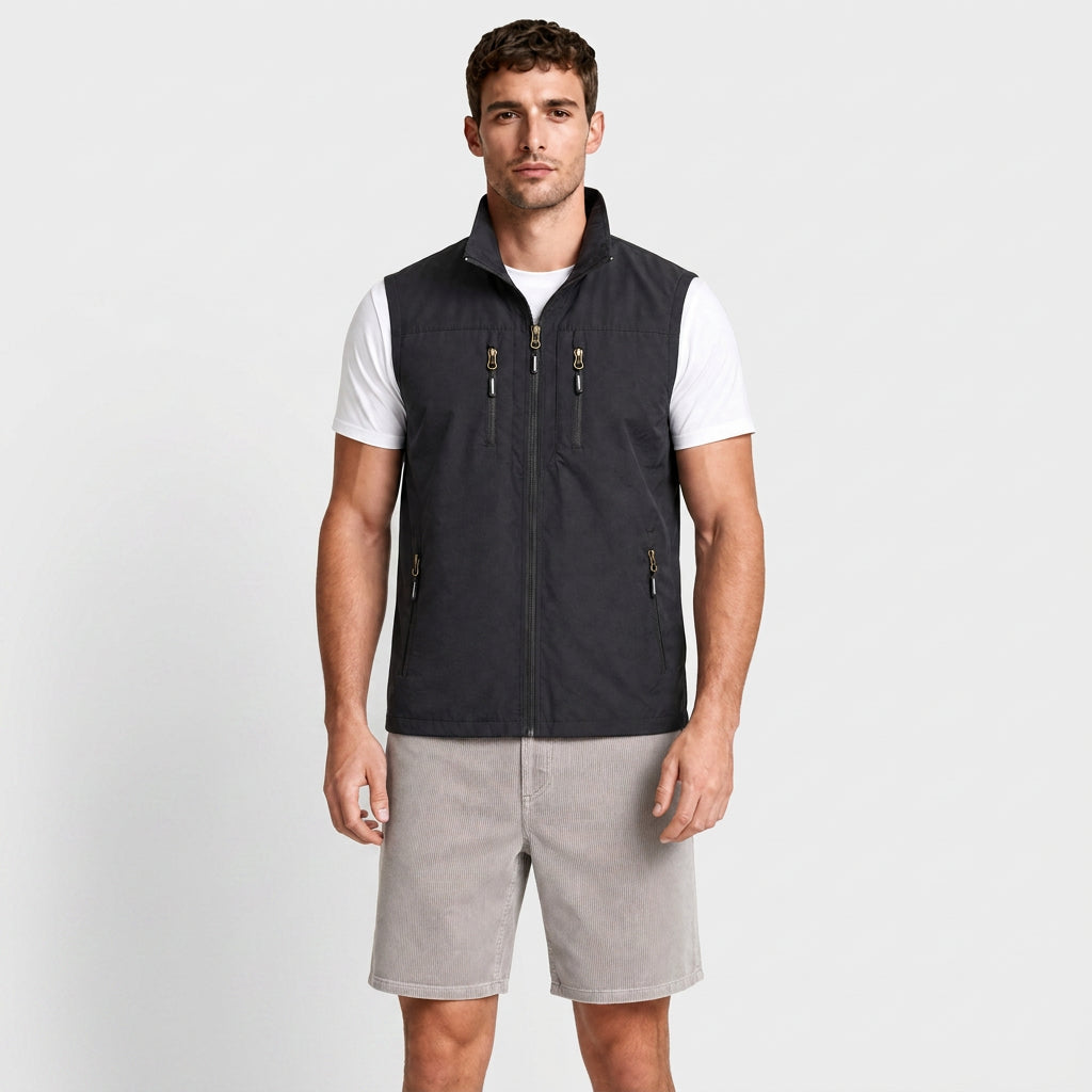 Zip Vest Stand Collar Gold Hardware Pockets for Men