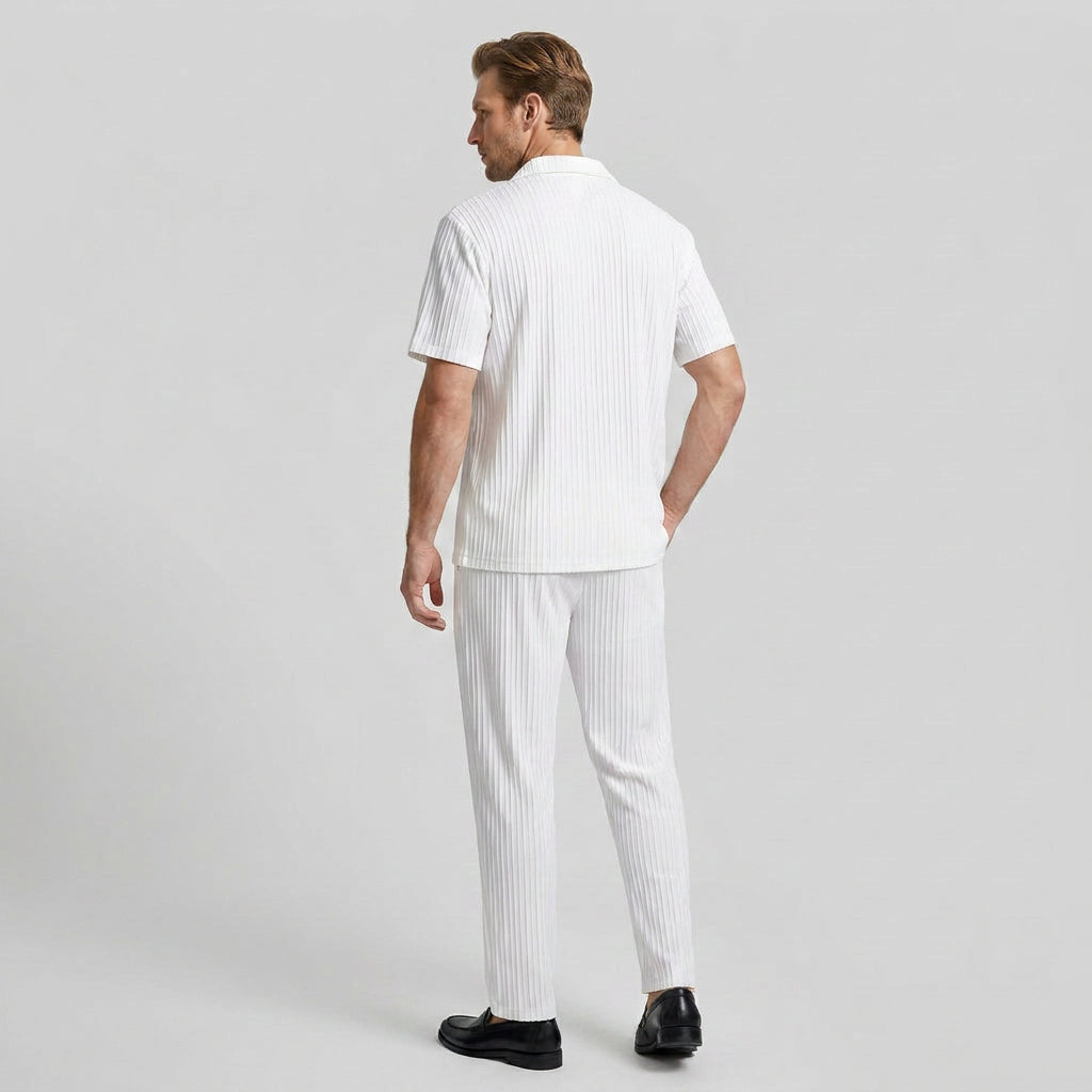 Pleated Matching Set Camp Collar Shirt Trousers for Men