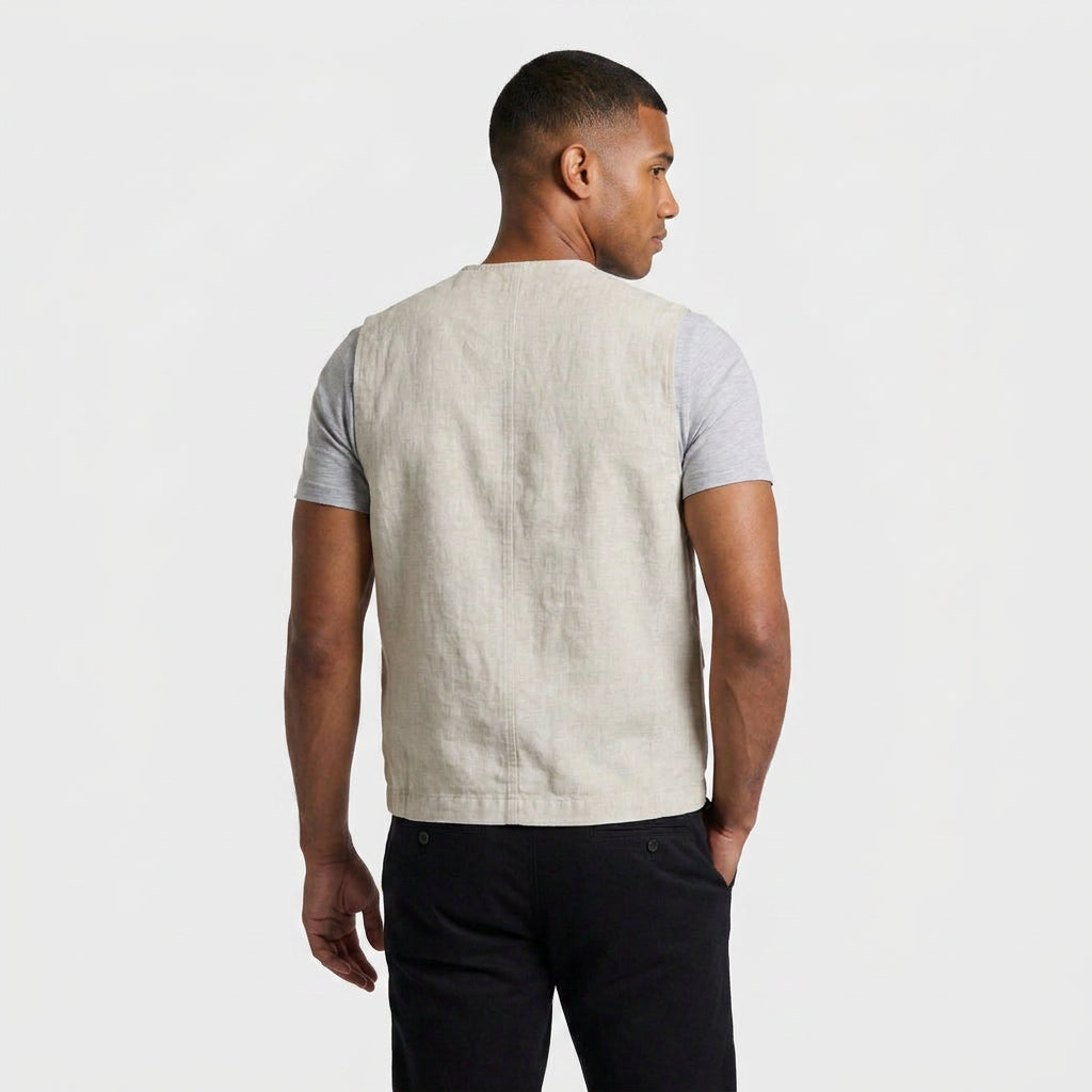 Linen Button Vest Flap Pockets for Men