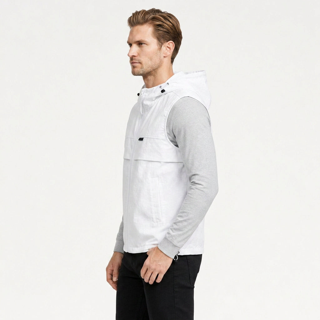 Hooded Zip Vest Drawcord Hem Chest Pocket for Men