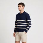 Striped Knit Polo Shirt Slim Fit Ribbed for Men
