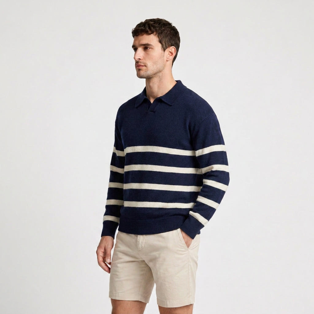 Striped Knit Polo Shirt Slim Fit Ribbed for Men
