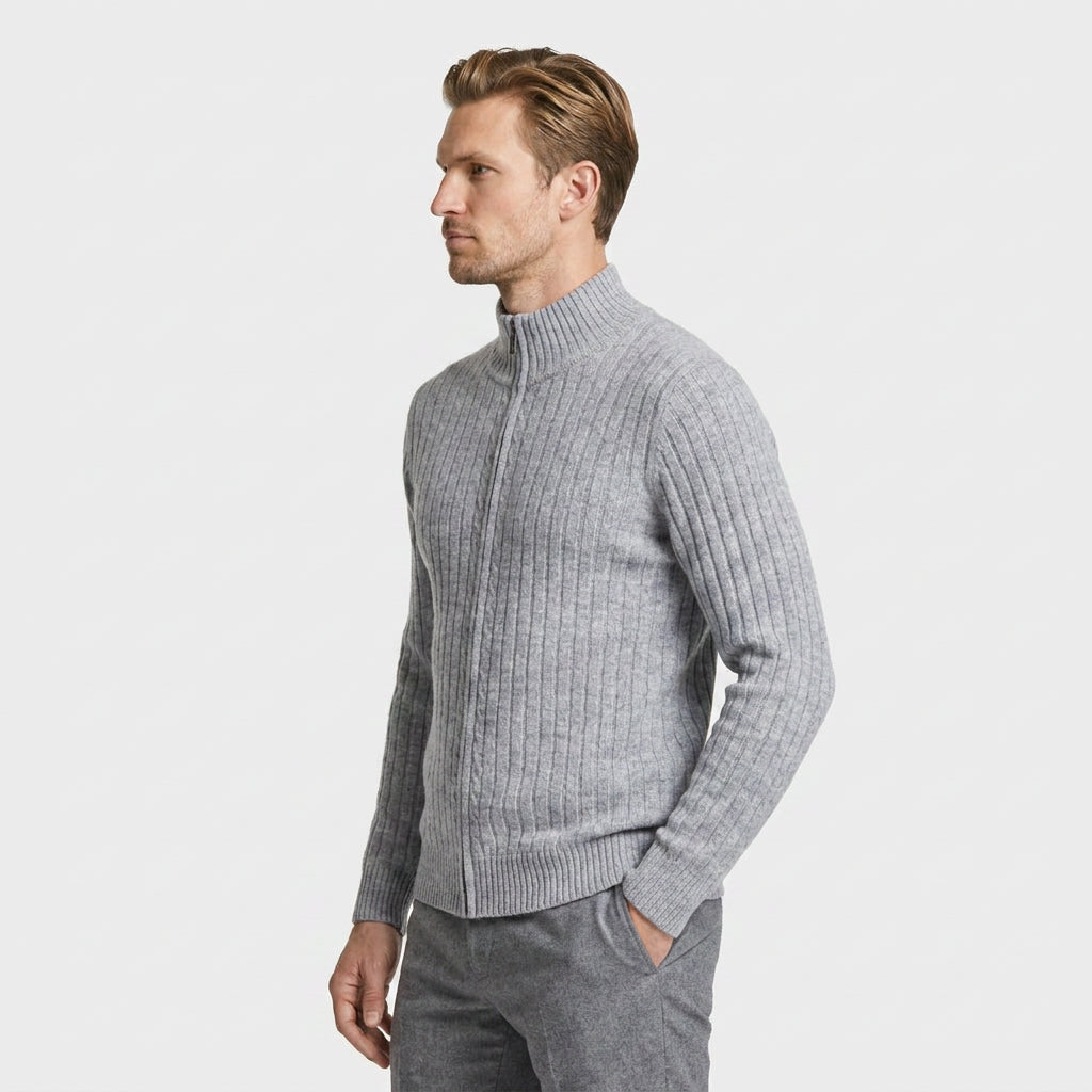 Ribbed Wool Zip-Up Cardigan High Collar for Men