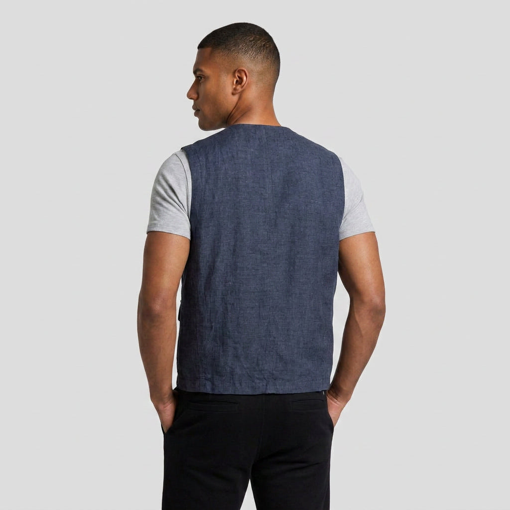 Linen Button Vest Flap Pockets for Men