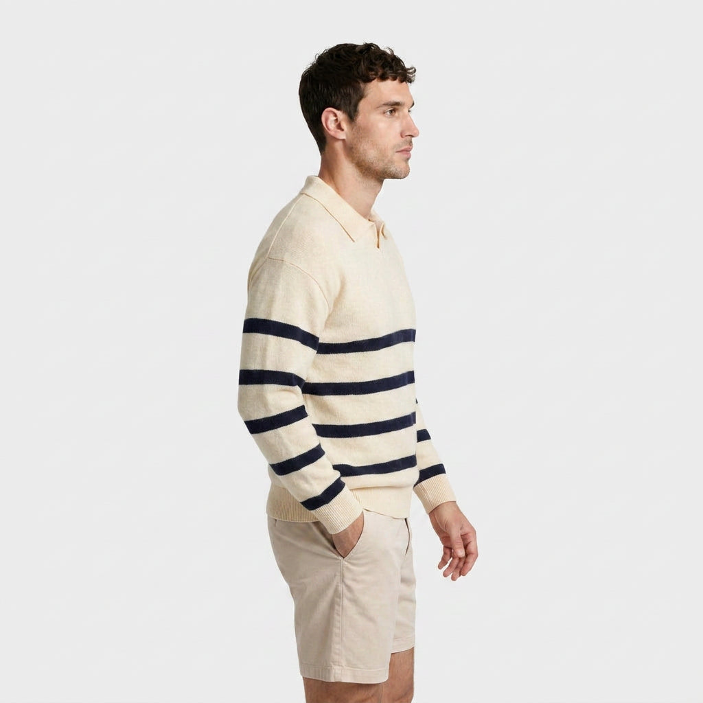 Striped Knit Polo Shirt Slim Fit Ribbed for Men
