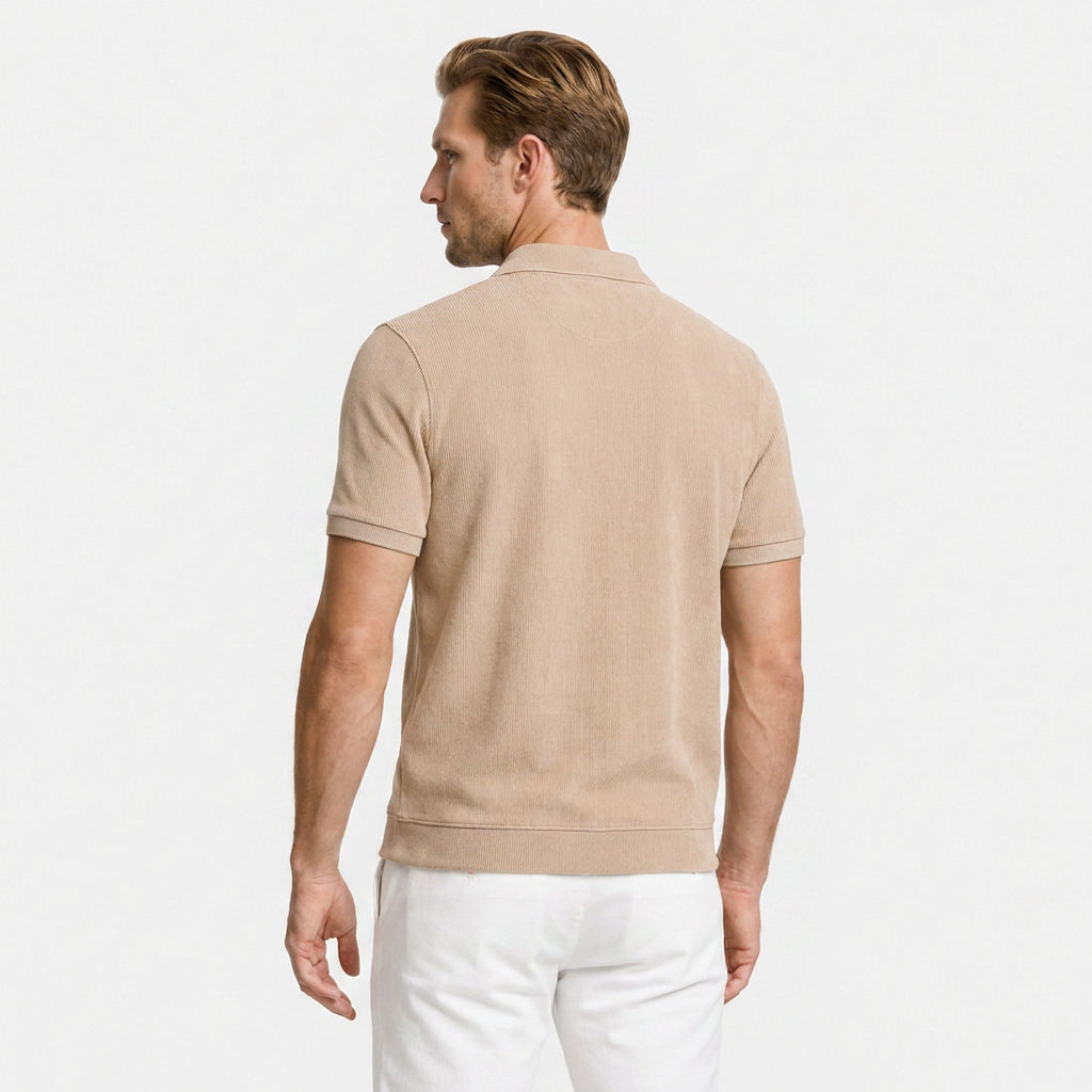 Ribbed Knit Polo Chest Pocket Three Button for Men